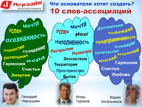 ДЕРЗАЙН - инновационная экосистема созидания, страна счастливых творцов, учредители - Геннадий Чернушкин, Игорь Чураков, Вадим Котельников - 10 слов-ассоциаций, что хотим создать, видение будущего
